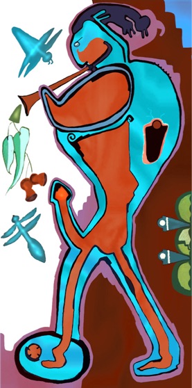 Correction Ceremony. Kokopeli on the Mountain. A painting by Turtle Heart. Limited Edition.